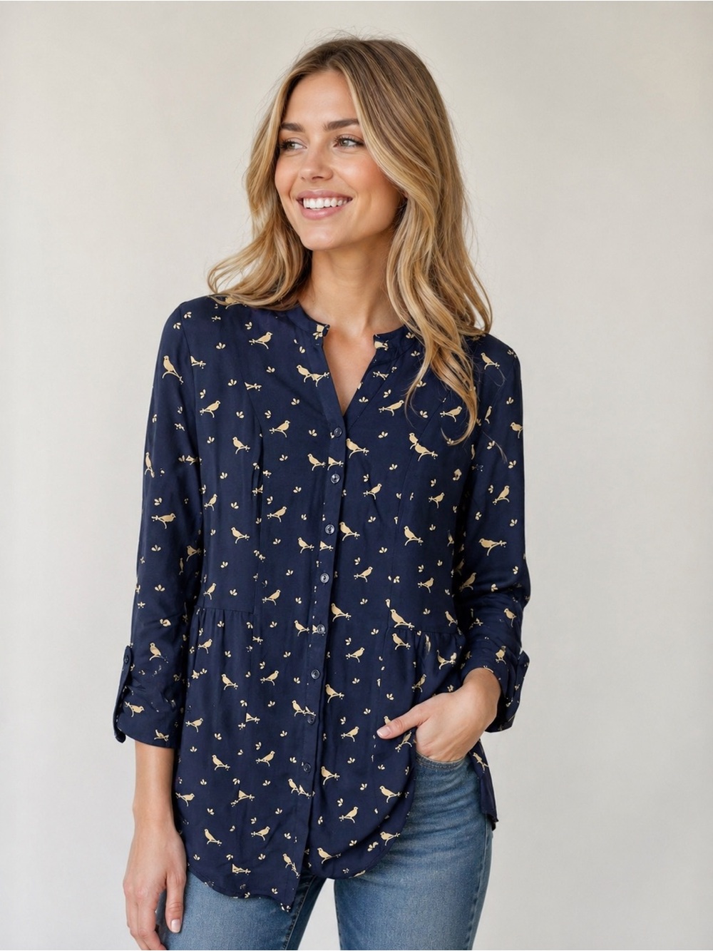 ModCloth Bird Print Blouse M Navy Blue Rayon Button Front Boho Cottagecore